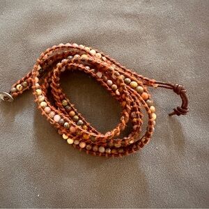 Boho Gemstone Wrap Bracelet Natural Earth Tones on Leather Cord 5X Artisan Wrap